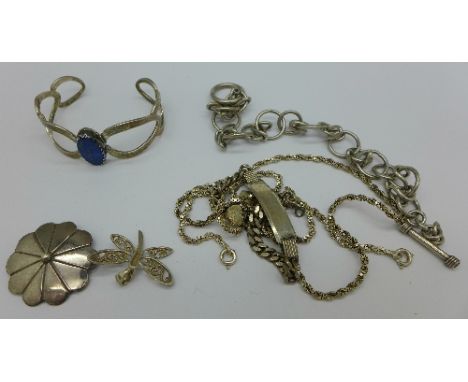 A silver and lapis lazuli bangle and other silver jewellery, weight 67g