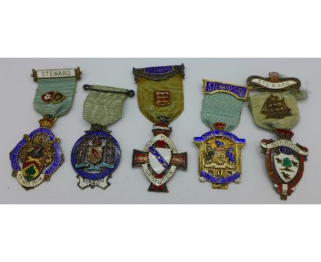 Five silver and enamel Masonic medals