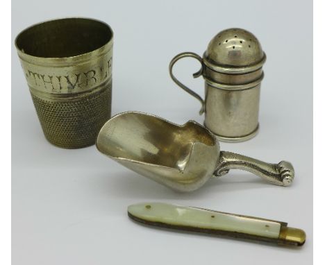 A silver pepperette, a pocket knife with silver blade, a Just a Thimble Full shot and a caddy spoon