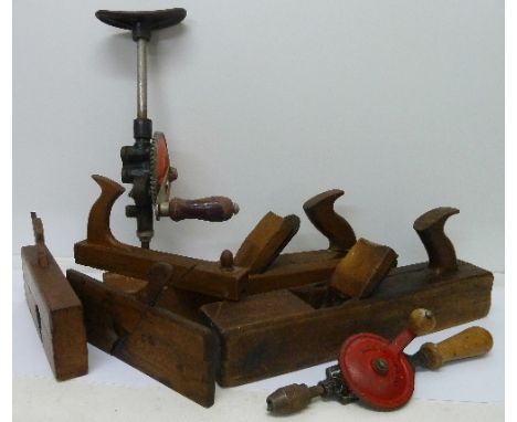 Woodworking tools including planes, a brace drill, etc.