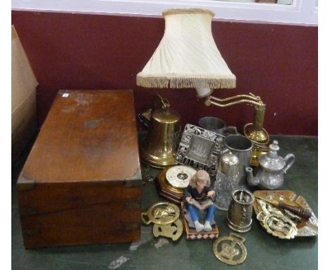 A box of metalworks including a lamp and a bell, and a writing box, box a/f