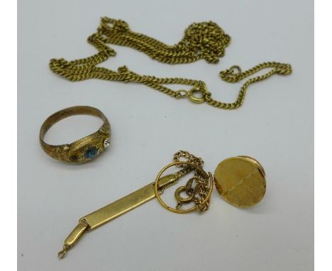 A 9ct gold chain and two scrap gold items, weight 9.9g, a 14k gold tie stud, weight 1g and a 9ct gold and silver ring