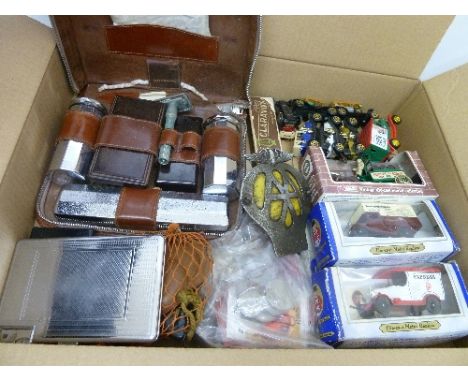 Diecast cars, a gentleman's grooming set, an A.A. car badge, a micrometer, a cigarette case, a Claravox mouth organ, etc.