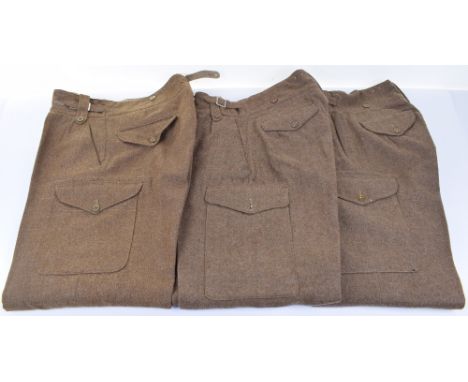 British Army Battle Dress Trousers.; three pairs all complete buttons and makers labels inside , one dated 1949 size 12, one 