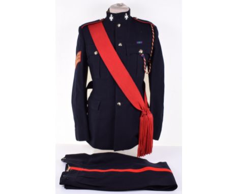 BRITISH ARMY NO 1 DRESS UNIFORM. Complete with Home Counties buttons, badges and red sash, label to jacket, size 20 dated 195