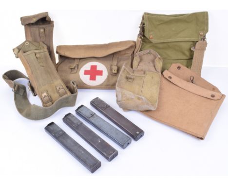 MIXED WW2 EQUIPMENT; WW2 army gas mask bag, shell dressing bag, map case missing one stud, three pouches, belt and four sten 