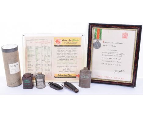 WW2 HOME FRONT ITEMS; WW2 Home Guard certificate and defence medal in frame, dig for victory leaflet, four foot powders, sten