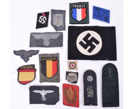 Grouping of WW2 German Cloth Insignia, cloth Gross Deutschland shoulder board, SS officers collar patch, Belgium Foreign Volu