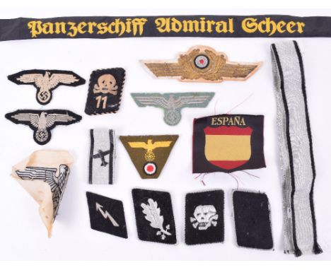 Grouping of WW2 German Cloth Insignia, bullion embroidered Luftwaffe Generals cap cockade, German army combat tunic breast ea