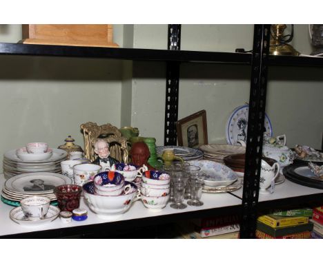Collection of Victorian porcelain including decorative teawares, plates, wall plaques, glass, Gladstone busts, WH Grant steve