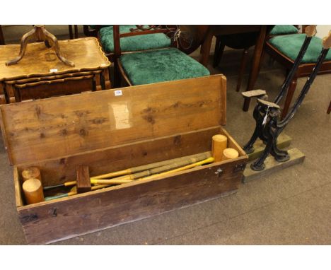 Vintage Slazenger croquet set and pair cast garden bench ends.