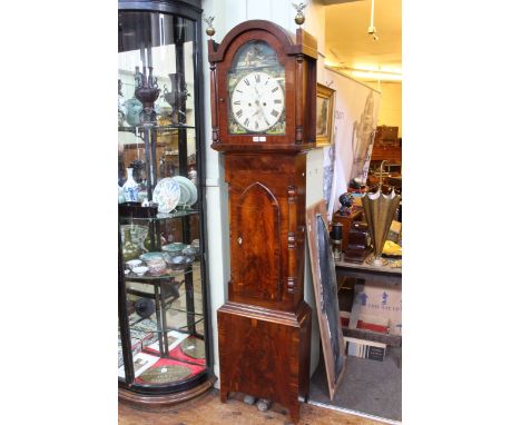 Antique mahogany eight day longcase clock having arched dial painted with buildings and hunting scene.