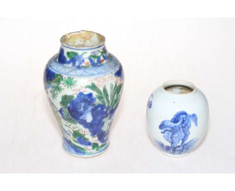 Early Chinese figure decorated vase, 18.5cm, and small blue and white vase (2).