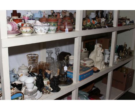 Collection of part tea sets, Staffordshire dogs, singles records, mining lamp, projector, metalwares, novelty teapots, etc.