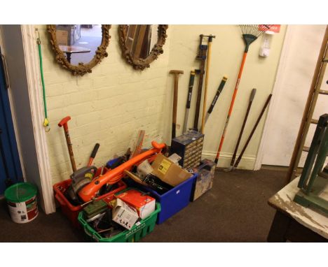 Four boxes of various tools, booster cables, screw cabinet and collection of garden tools.