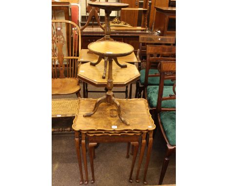 Victorian octagonal walnut tripod occasional table, Edwardian mahogany and line inlaid occasional table, nest of three walnut