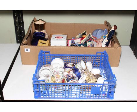 Two boxes of trinket boxes, Wade figures and Whimsies, etc.