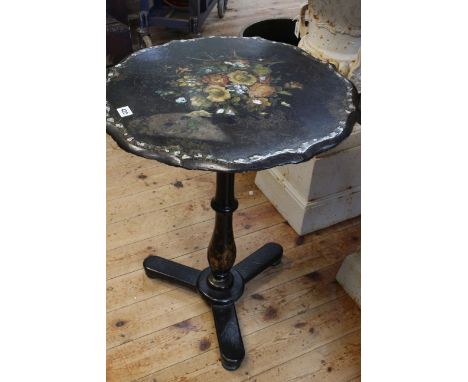 Papier mache floral painted and mother of pearl inlaid circular shaped top occasional table on pedestal triform base, 68cm by