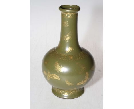 Chinese bottle vase decorated with gilt butterflies on green ground, gilt mark, 21cm.