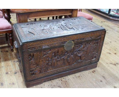 Oriental carved camphorwood trunk, 59.5cm by 111cm by 52cm.