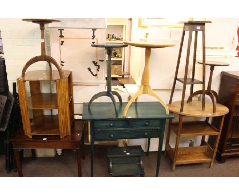 Four triform occasional tables, Georgian style side table, oak book table, painted three drawer writing table and step, plant