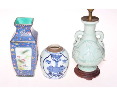 Chinese blue and white ginger jar, vase, and celadon table lamp (3).