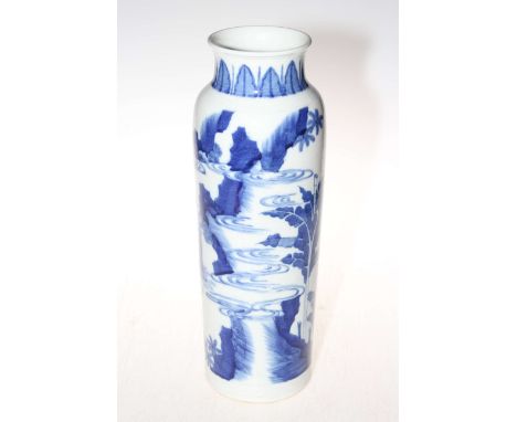 Chinese blue and white sleeve vase with figures in outdoor setting, 39.5cm.