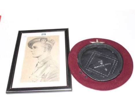 WWII red beret, Kangol Wear 1944, together with framed portrait of a soldier.