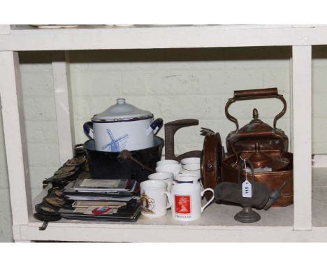 Enamel flour bin, horsebrasses, metalwares, stamps, leather trunks, model boat, etc.