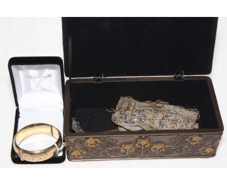 Gold plated bangle, two mesh purses and Art Nouveau style jewellery box.
