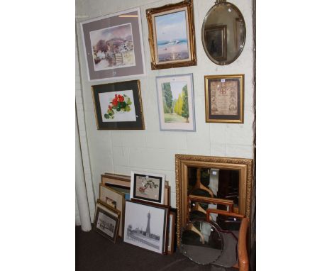 Large collection of pictures and mirrors including Tony Lees, Hawkshead, limited edition print, Chinese silk, etc.