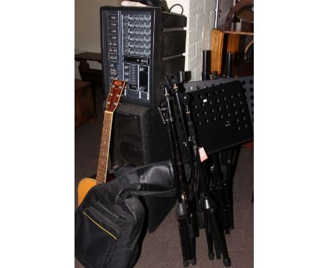 Stagg acoustic guitar, three microphone stands and two music stands.