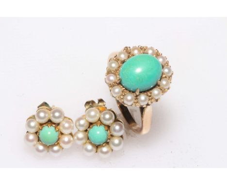 Turquoise and seed pearl ring and pair of earrings, test as 9 carat gold.