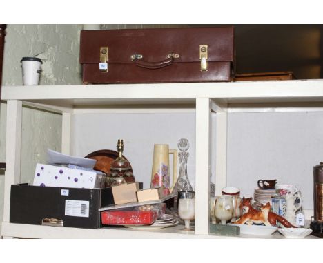 Collection of glass, part teawares, cutlery, table lamp, leather trunk, golf bag, etc.