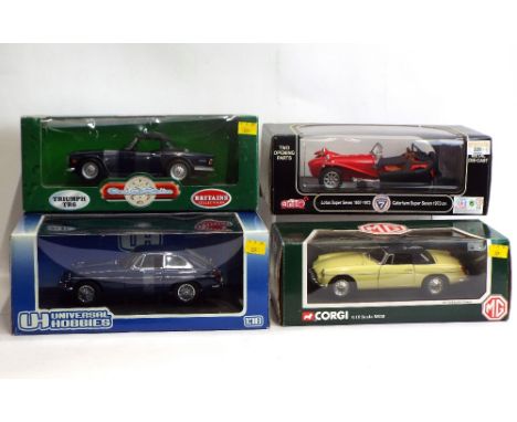 Four diecast boxed 1:18 scale model cars, Lotus super 7, Corgi MGB, Britain's triumph TR6 and a Universal Hobbies MGBGT 