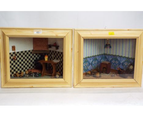 Two dolls house light up diorama's, 33 cm wide, 29 cm high, 18 cm deep