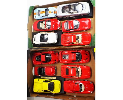 Twelve diecast cars 1:18 scale, Ferrari's, Lamborghini, Porsche, Triumph, Jaguar made by Burago, Kyosho and Jouef