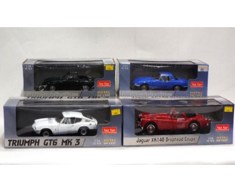 Four boxed sun star model diecast cars, 1:18 scale, 1966 Lotus Elan, Jaguar XK140, 1966 Lotus Elan S3 and Triumph GT6 mark 3