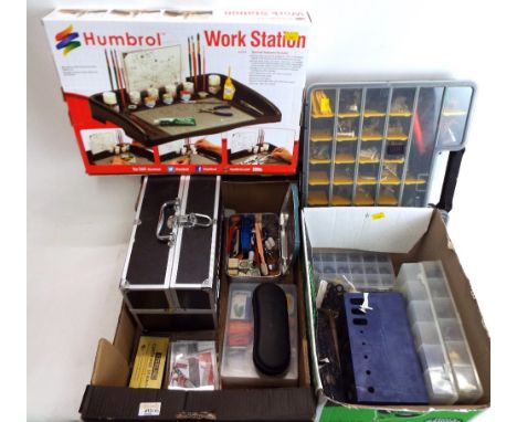 Two boxes of crafting tools and accessories, cold heat gun, tool box, spare tyres, precision tools, Humbrol work station and 