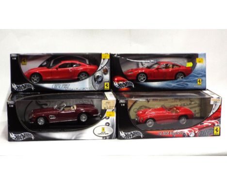 Four Hotwheels boxed diecast vehicles, 1:18 scale, Barchetta, Ferrari 612, Ferrari 550 Maranello and Ferrari 250 GT Spider 
