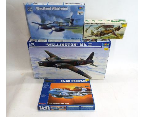 Four boxed model plastic kits, trumpeter, model Wellington mark 3, Westlands Whirlwind, EA-6B Prowler and Blenheim mk1 light 