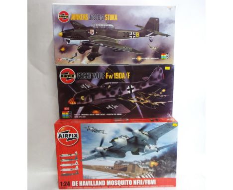 Three airfix model kits, De Havilland mosquito, 1:24 scale, a 25001, Junkers JU87B-2 Stuka, 18002 and Focke Wulf FW190A/F, 16
