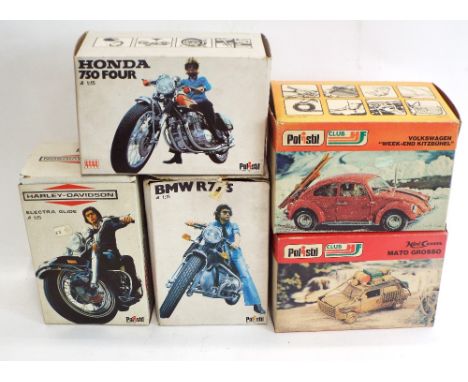 Five boxed Polistil vehicles, three motorbikes, Harley Davidson 1200cc, Honda 750 and a BMW R75 and two vehicles, Volkswagen 