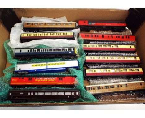 Twelve 00 gauge model railway coaches, goods wagons and mail wagons, Jouef, Hornby, Lima etc, Lima 1 is a powered car W51350 