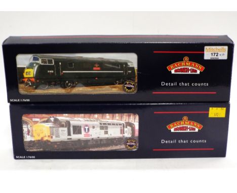 Two Bachmann 00 gauge model railway boxed diesel locomotives War Ship class 42  , Fox Hound and class 37 diesel EW and S