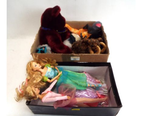 Two Mattel dolls with spare clothes and a collection of soft toys, Ty Beanie babies and three Wombles  