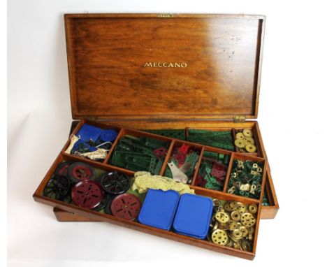 Wooden Meccano box filled with contents with lift out inner shelf 
