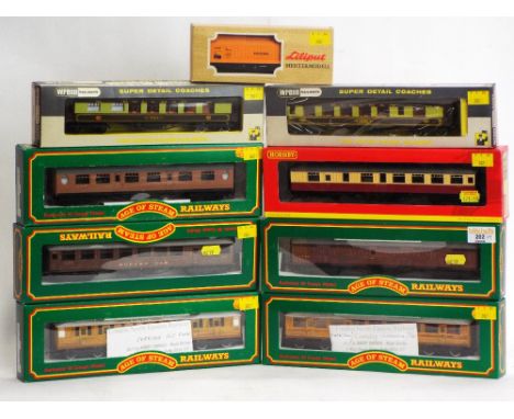Eight 00 gauge coaches and Lilliput wagon, age of steam railways coaches, two Wrenn coaches and Hornby buffet coach 