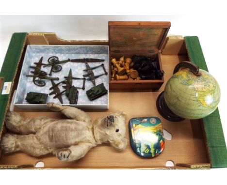 Mixed lot tin plate globe, marked No 10120, Edward Sharpe & Sons, Spaceman's tin, set of chess pieces, mixed diecast planes, 