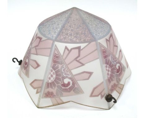 A 1930's Art Deco Frosted Glass Hanging Light Shade, (no chain) of angular circular form, decorated in shades of purple and p